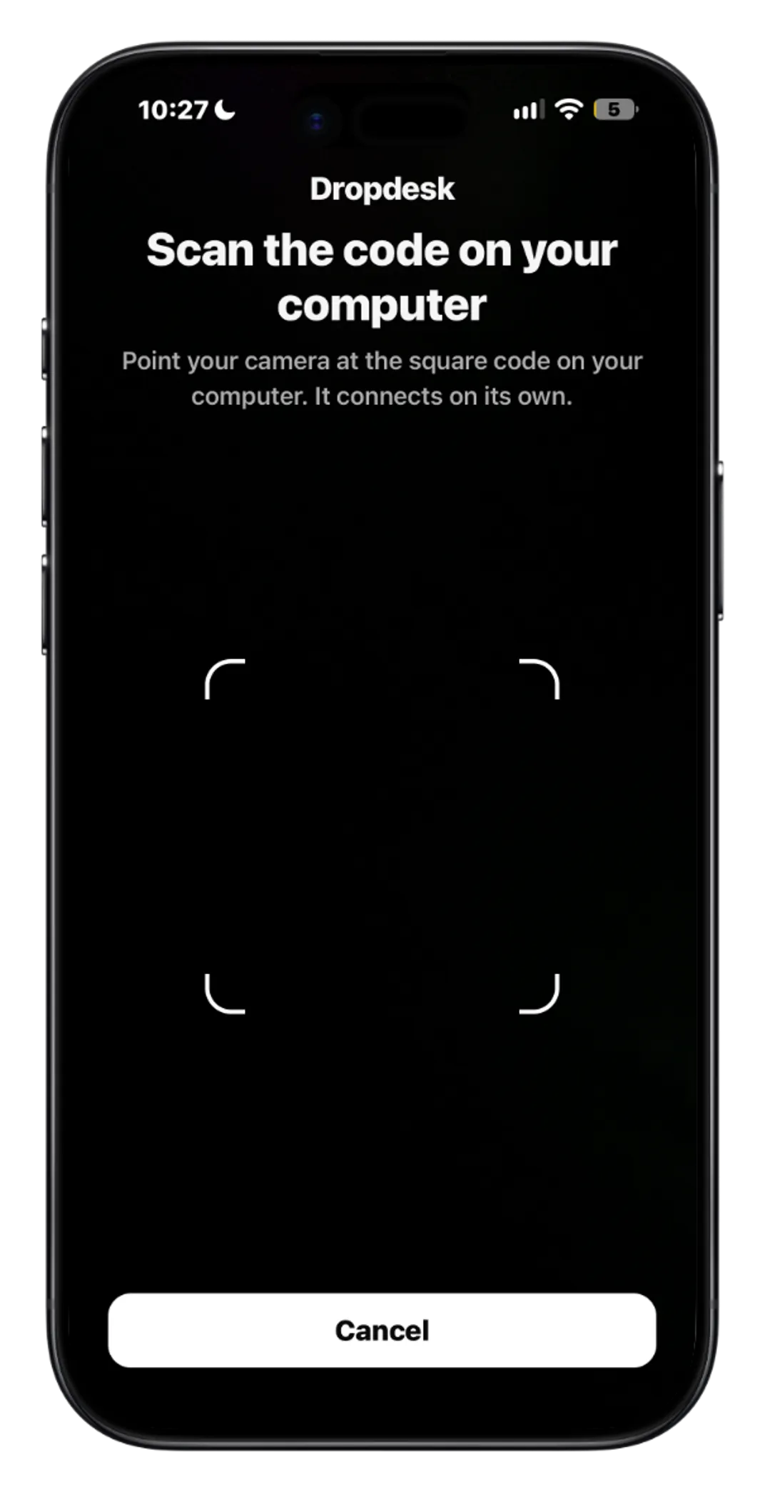 The Dropdesk phone app on the scan screen, ready to point at the code on your computer